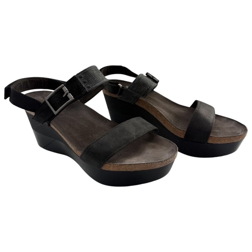 Naot Alpha Print Wedge Sandals Black & Cork Comfort Leather Heels Size 41 US 10